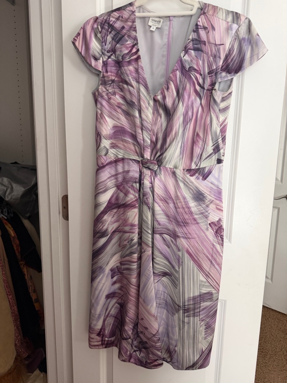 Armani Collezioni Lavender and Plum Abstract Tie-Front Midi Dress